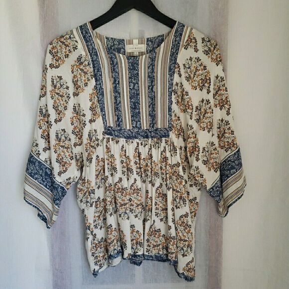 Lucky Brand Women's Size M Boho Peasant Round Neck Floral Short Sleeve - Picture 1 of 9